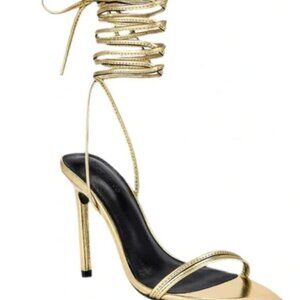 Revovle x Tony Bianco Millie gold leather wrap ankle pointed toe heels size 8
